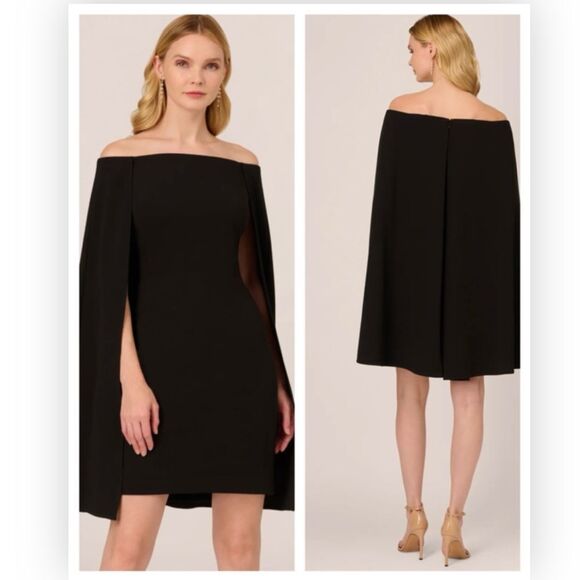 Adrianna Papell Women's Off-The-Shoulder Cape Dress Black size 4 NWT $169 - Picture 1 of 6